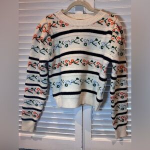 fab’rik Floral Knit Sweater Cream Striped Cottagecore Women M